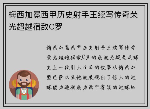 梅西加冕西甲历史射手王续写传奇荣光超越宿敌C罗 梅西加冕西甲历史射手王续写传奇荣光超越宿敌C罗